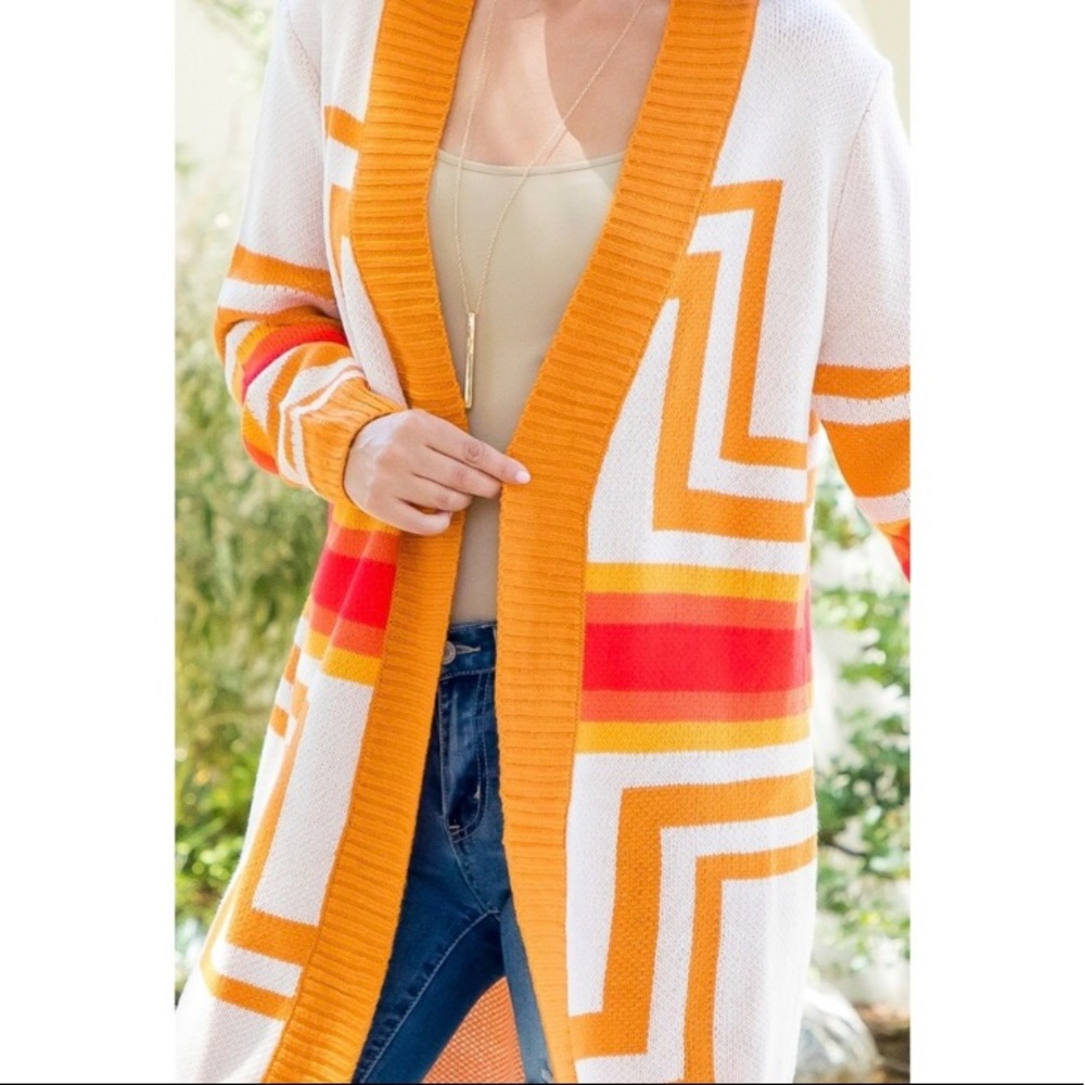 Cardigan open tribal pattern in cream, orange, gold | Size S —#040 - Picture 2 of 12